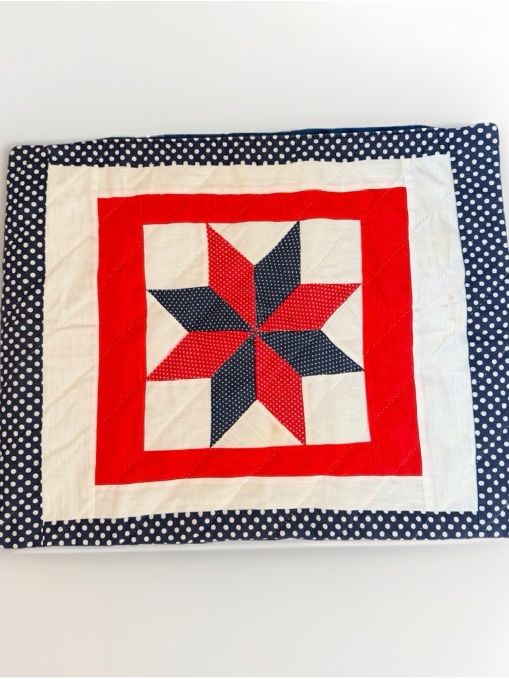 Vintage Patriotic Lone Star Quilted Pillow Sham Red White Blue Polka Dot 24x19